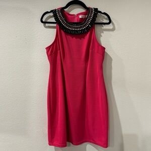 🎉Pink, Black & Silver Jeweled Collar Hot Pink Dress Back Zipper Size 6